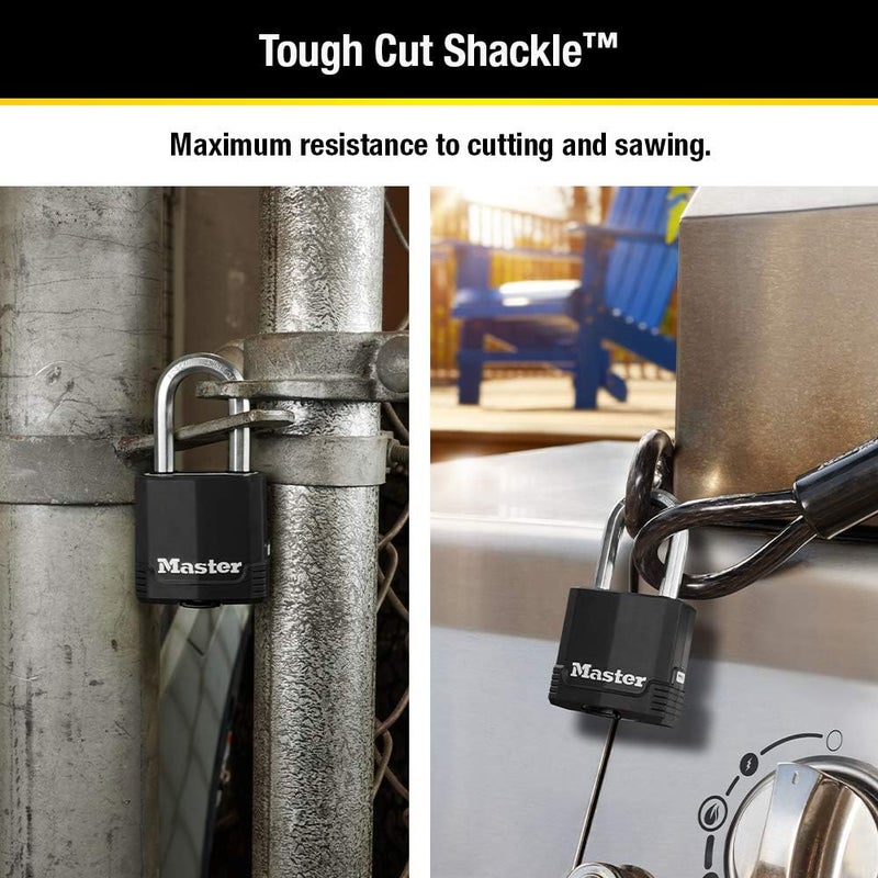 MasterLock Black Outdoor Key Lock, Heavy Duty Weather Resistant Padlock with Cover, Keyed Alike Padlocks for Outdoor Use, 4 Pack, M115XQLF - Image 5