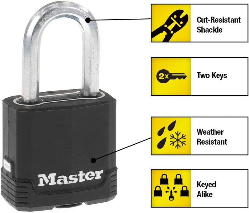 MasterLock Black Outdoor Key Lock, Heavy Duty Weather Resistant Padlock with Cover, Keyed Alike Padlocks for Outdoor Use, 4 Pack, M115XQLF - Image 4