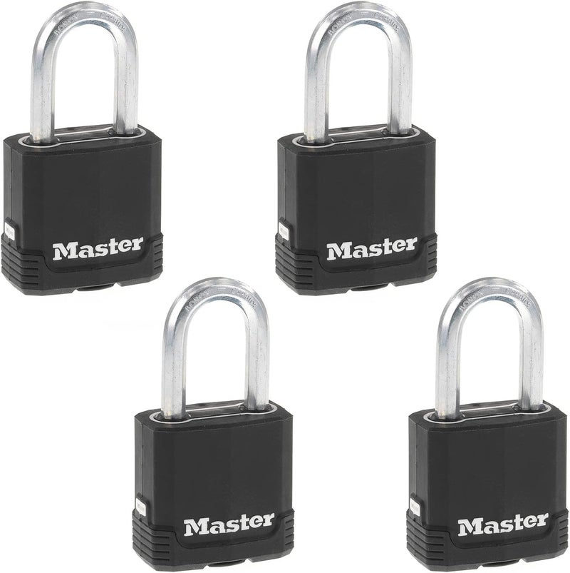 MasterLock Black Outdoor Key Lock, Heavy Duty Weather Resistant Padlock with Cover, Keyed Alike Padlocks for Outdoor Use, 4 Pack, M115XQLF - Image 1