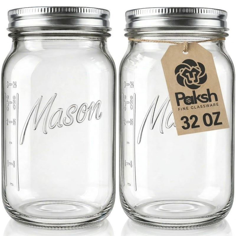 Paksh Novelty Wide Mouth Mason Jars With Lids 32 oz â€“ Glass Quart Mason Canning Jars, Large Mason Jar Wide Mouth for Canning, Pickling, Jelly Preserving & Meal Prep, 2-Pack - Image 1