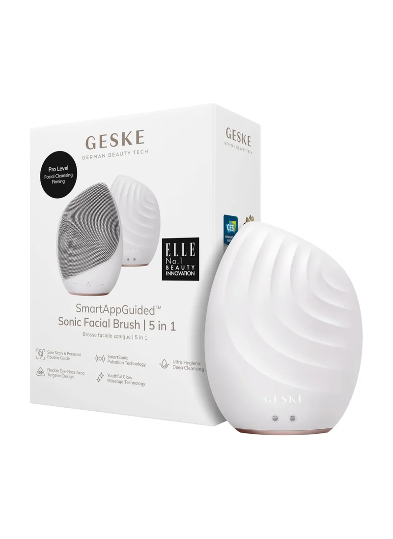 GESKE Smart App Guided Sonic Facial Brush 5 In 1 | Vibrating Electric Facial Cleansing Brush | Soft Silicone Brush | Professional Facial Cleanser | Skin Cleanser & Exfoliator | Face Massager - Starlight