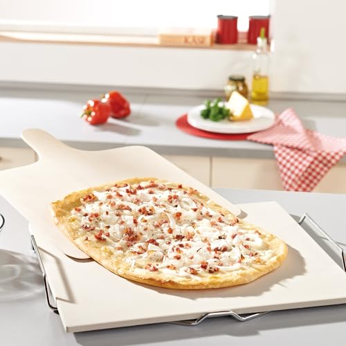 Leifheit Large Square Ceramic Pizza Stone with Carrying Tray and Wooden Spatula, Gray - Image 2
