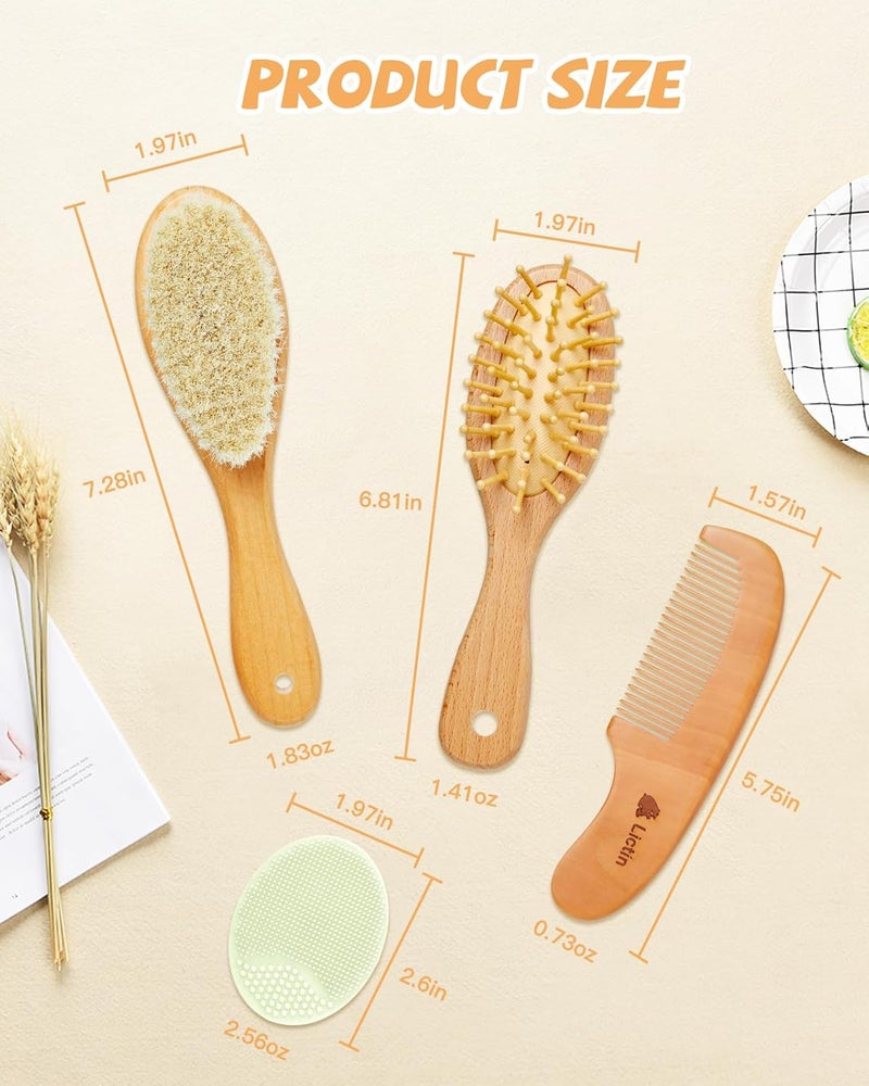 Lictin Baby Hair Brush and Comb Set 4 Pcs Newborn Hair Brush with Soft Bristle Natural Goat Hair and Wood Baby Cradle Cap Comb for Newborns Toddlers Newborn Baby Essentials Perfect Registry Gift - Image 2