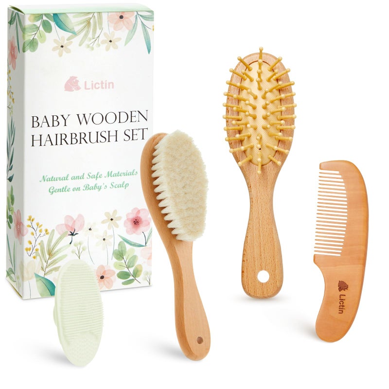 Lictin Baby Hair Brush and Comb Set 4 Pcs Newborn Hair Brush with Soft Bristle Natural Goat Hair and Wood Baby Cradle Cap Comb for Newborns Toddlers Newborn Baby Essentials Perfect Registry Gift - Image 1