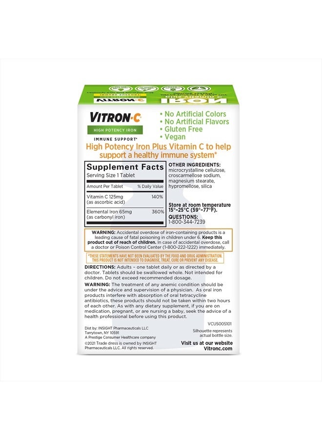 Vitron-C Iron Supplement & Immune Support, Once Daily, High Potency Iron with Vitamin C, Dye Free Tablets, 60 Count - Image 2