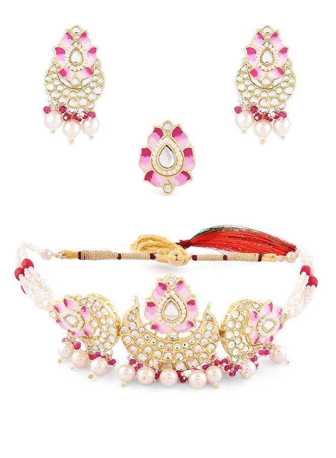 erorex Pink Meenakari Lotus Design Crescent Kundan And Beads Choker Necklace Earring And Ring Set For Women Zpfk14720  - Image 1
