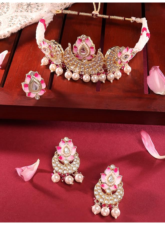 erorex Pink Meenakari Lotus Design Crescent Kundan And Beads Choker Necklace Earring And Ring Set For Women Zpfk14720  - Image 3