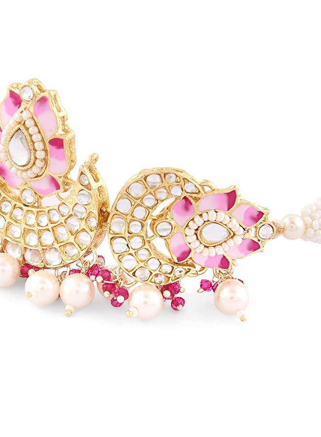 erorex Pink Meenakari Lotus Design Crescent Kundan And Beads Choker Necklace Earring And Ring Set For Women Zpfk14720  - Image 4