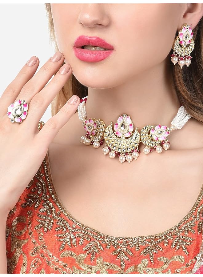 erorex Pink Meenakari Lotus Design Crescent Kundan And Beads Choker Necklace Earring And Ring Set For Women Zpfk14720  - Image 2