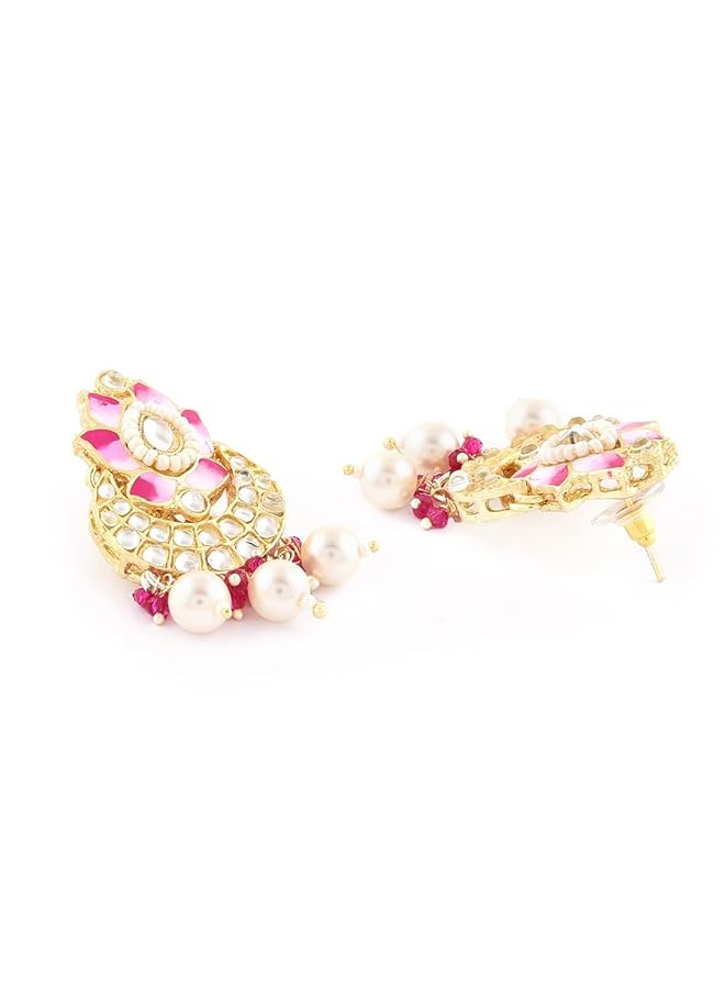 erorex Pink Meenakari Lotus Design Crescent Kundan And Beads Choker Necklace Earring And Ring Set For Women Zpfk14720  - Image 5