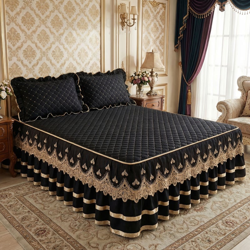 A Solid Color Black Lace Trim Quilted Thickened Bed Skirt Soft Comfortable Fitted Sheet Replacement Non Slip Machine Washable for All Seasons Home Hotel Use 70.87 x 78.74 Inches - Image 2