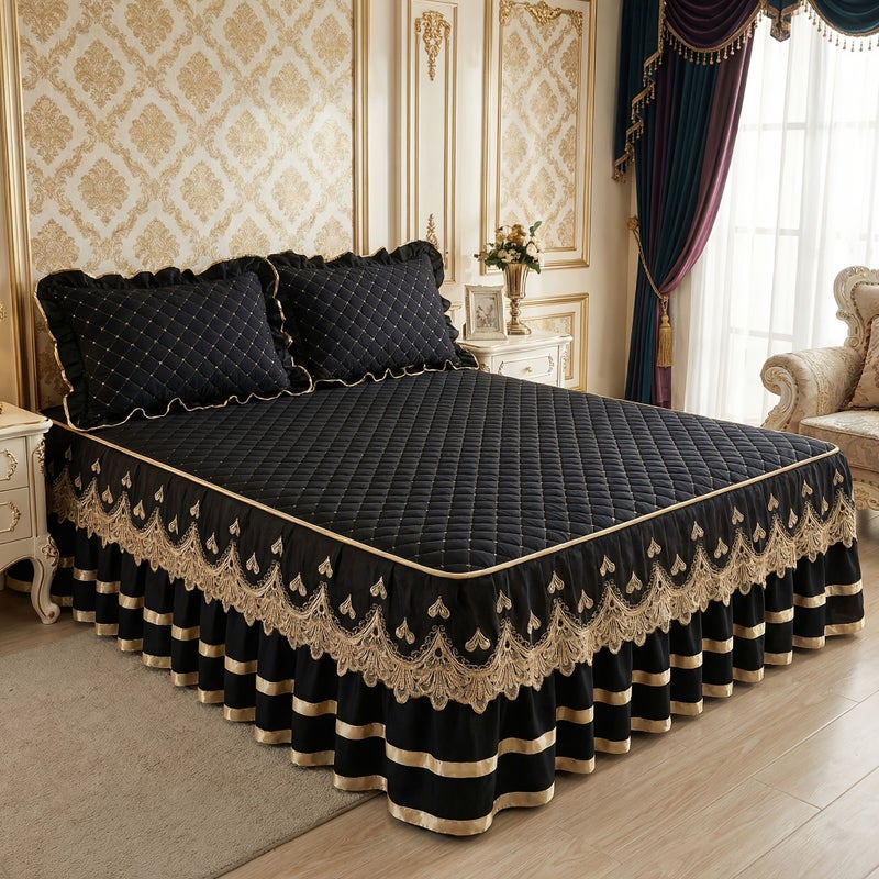 A Solid Color Black Lace Trim Quilted Thickened Bed Skirt Soft Comfortable Fitted Sheet Replacement Non Slip Machine Washable for All Seasons Home Hotel Use 70.87 x 78.74 Inches - Image 1