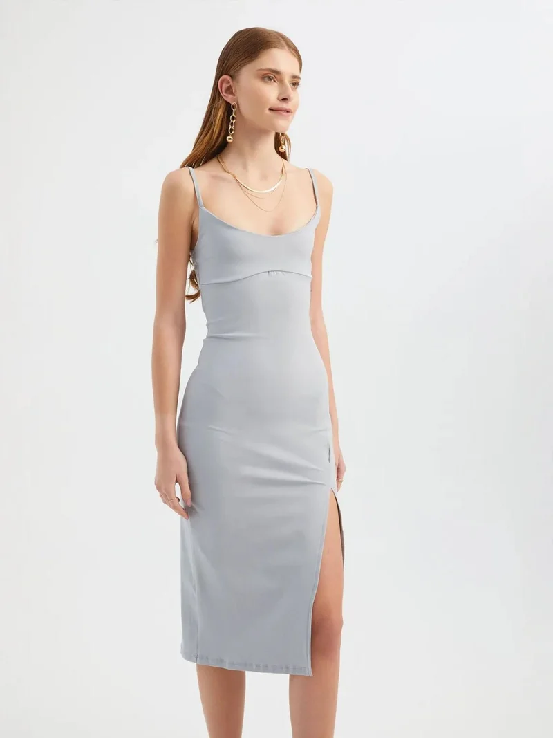 grey spaghetti strap bodycon dress Hiccup Silver Scoop Neck Midi with a Side Slit for Women Lilac