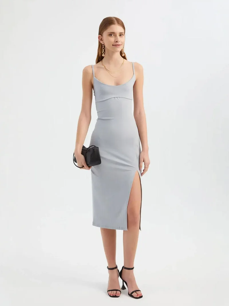 HICCUP Scoop Neck Spaghetti Strap Midi Bodycon Dress with a Side Slit