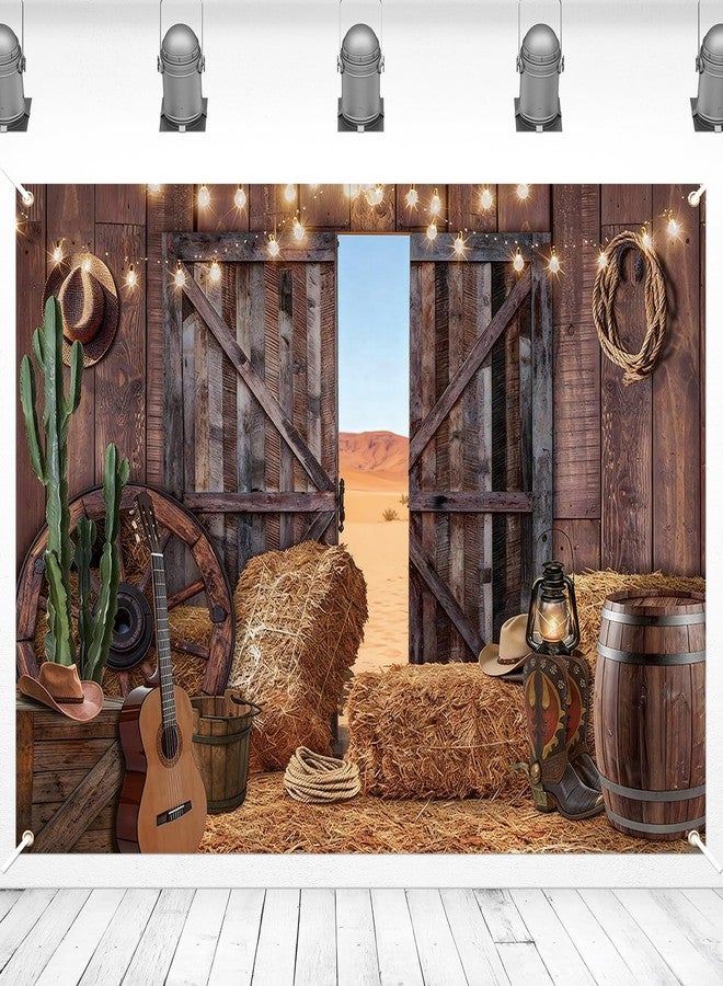 Kreyfer 7 x 5 FT Western Barn Cowboy Backdrop - Rustic Farmhouse Photography Background with Hay Bales, Wooden Doors, Cactus, and String Lights for Country Party, Rodeo, and Farm-Themed Decorations - Image 1