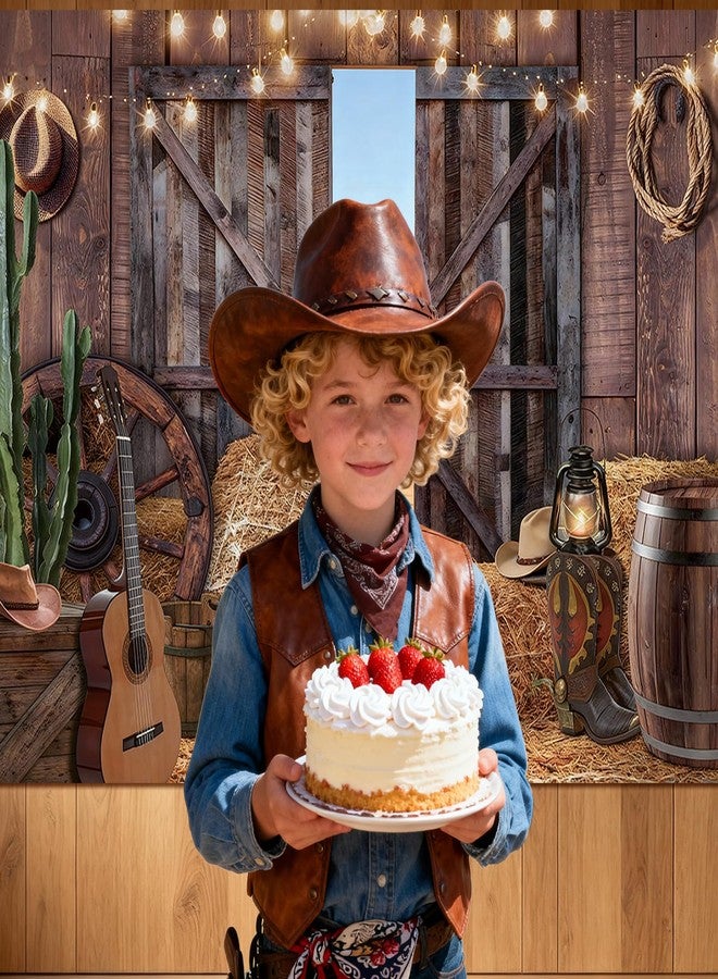 Kreyfer 7 x 5 FT Western Barn Cowboy Backdrop - Rustic Farmhouse Photography Background with Hay Bales, Wooden Doors, Cactus, and String Lights for Country Party, Rodeo, and Farm-Themed Decorations - Image 3