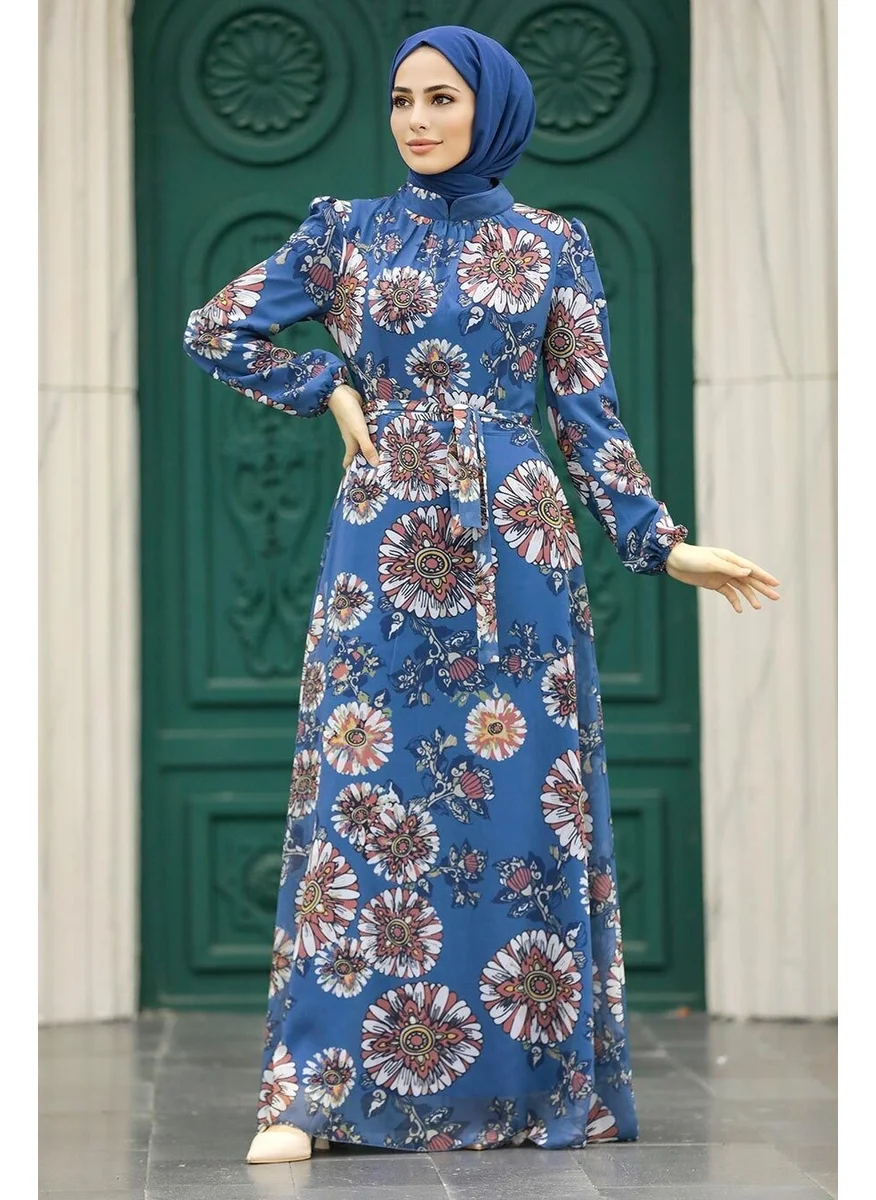 Neva Style - Floral Patterned Indigo Blue Hijab Dress 279320IM