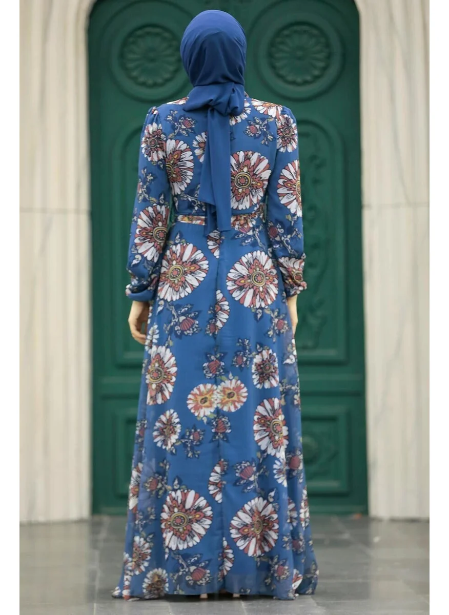 Neva Style - Floral Patterned Indigo Blue Hijab Dress 279320IM