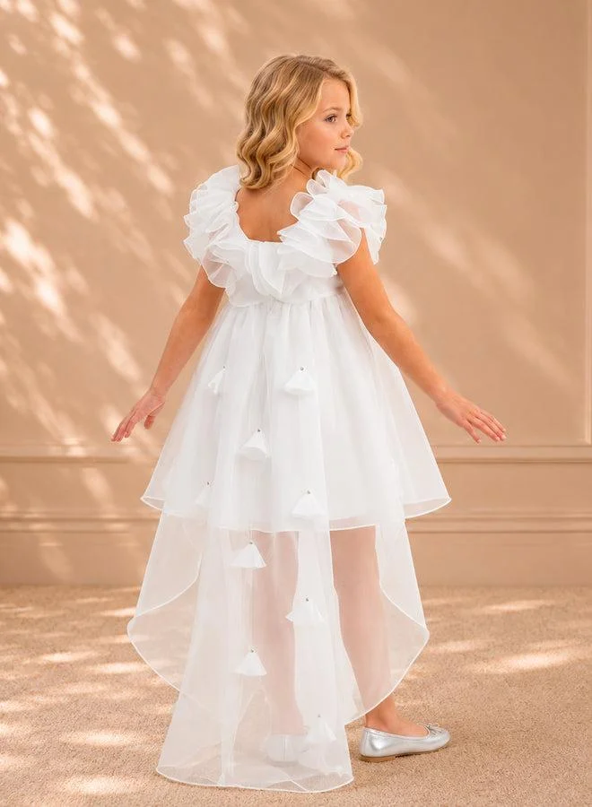 فيا بامبينو Ivory Ruffled-Collar High-Low Organza Dress 3490
