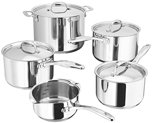 Stellar Profile Set of 5 Stainless Steel Pans 28cm 75L Stockpot 20cm 18cm 14cm Saucepans with Lids 14cm Milk Pan Induction Ready