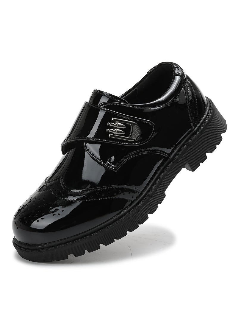 سكاي فيو أحذية أوكسفورد كلاسيكية للمشي بزي مدرسي للأولاد والبنات، أحذية رسمية يومية، أحذية كلاسيكية لامعة من الجلد بحلقة وخطاف للأطفال - Image 1