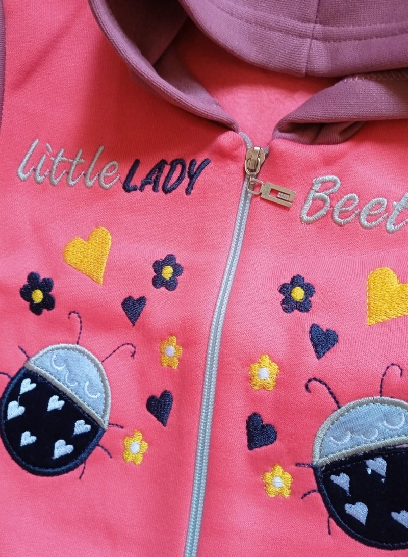Baby winter cotton pajamas - embroidered - boys and girls - cashmere color in watermelon - head cover - Image 2