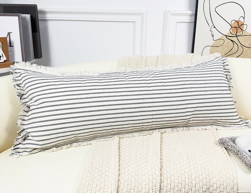 PANOD Boho Extra Long Lumbar Pillow Cover 14x36 Cotton Linen Decorative Long Lumbar Throw Pillow Case for Bed Sofa Couch Farmhouse Livingroom Long Body Pillow Case Cover Black - Image 1