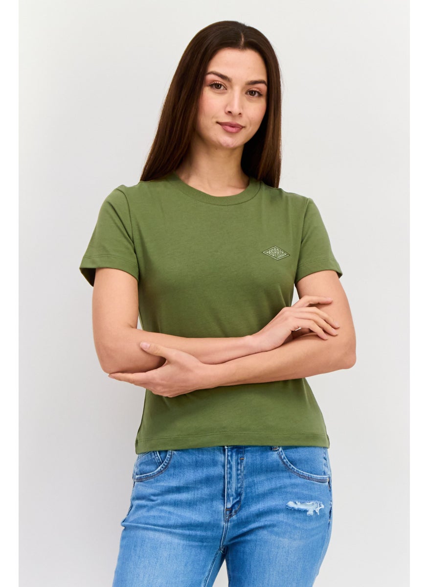 ESPRIT - Women Round Neck Short Sleeves Brand Logo T-Shirt, Olive - Image 1