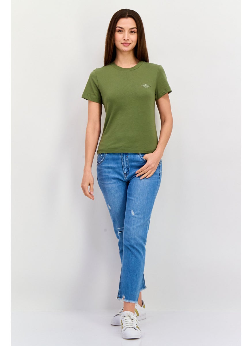 ESPRIT - Women Round Neck Short Sleeves Brand Logo T-Shirt, Olive - Image 1