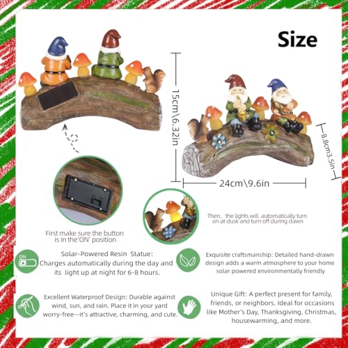 Jy.Cozy Funny Garden Gnome Statue Solar Powered Mushroom Figurine with Squirrel Gnome Durable Resin Outdoor Decoration for Patio Yard Lawn Ornament Housewarming Gift - Image 2