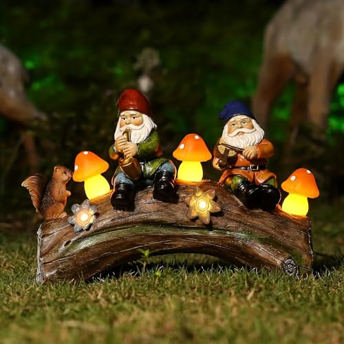 Jy.Cozy Funny Garden Gnome Statue Solar Powered Mushroom Figurine with Squirrel Gnome Durable Resin Outdoor Decoration for Patio Yard Lawn Ornament Housewarming Gift - Image 1
