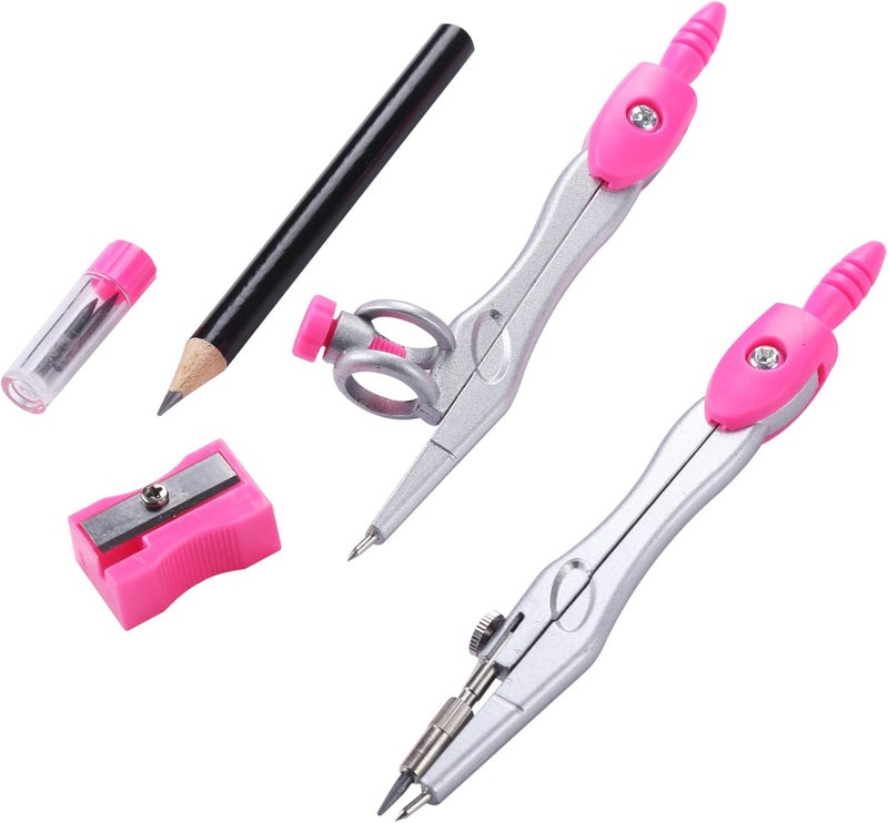Unjoo Math Geometry Kit Sets 10 Piece Student Supplies with Shatterproof Storage Box,Includes Rulers,Protractor,Compass,Eraser,Pencil Sharpener,Lead Refills,Pencil,for Drafting and Drawings（Pink） - Image 3