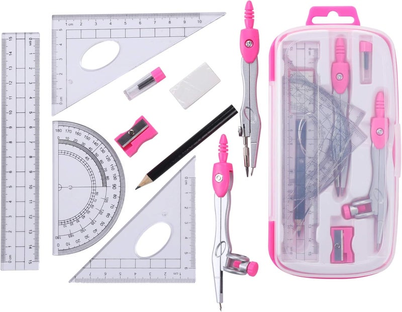 Unjoo Math Geometry Kit Sets 10 Piece Student Supplies with Shatterproof Storage Box,Includes Rulers,Protractor,Compass,Eraser,Pencil Sharpener,Lead Refills,Pencil,for Drafting and Drawings（Pink） - Image 2