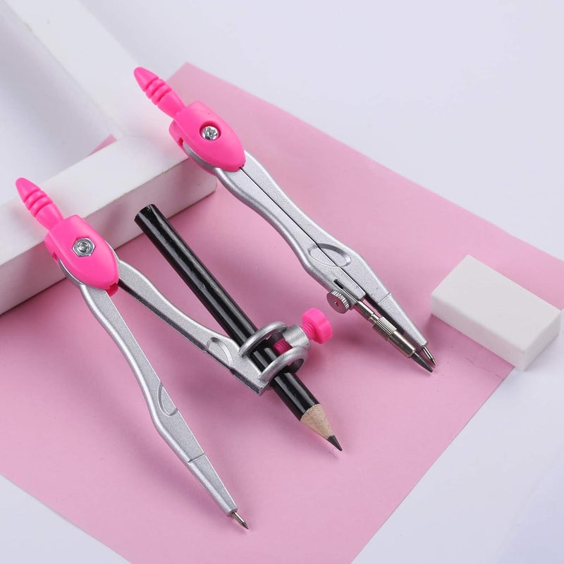 Unjoo Math Geometry Kit Sets 10 Piece Student Supplies with Shatterproof Storage Box,Includes Rulers,Protractor,Compass,Eraser,Pencil Sharpener,Lead Refills,Pencil,for Drafting and Drawings（Pink） - Image 4