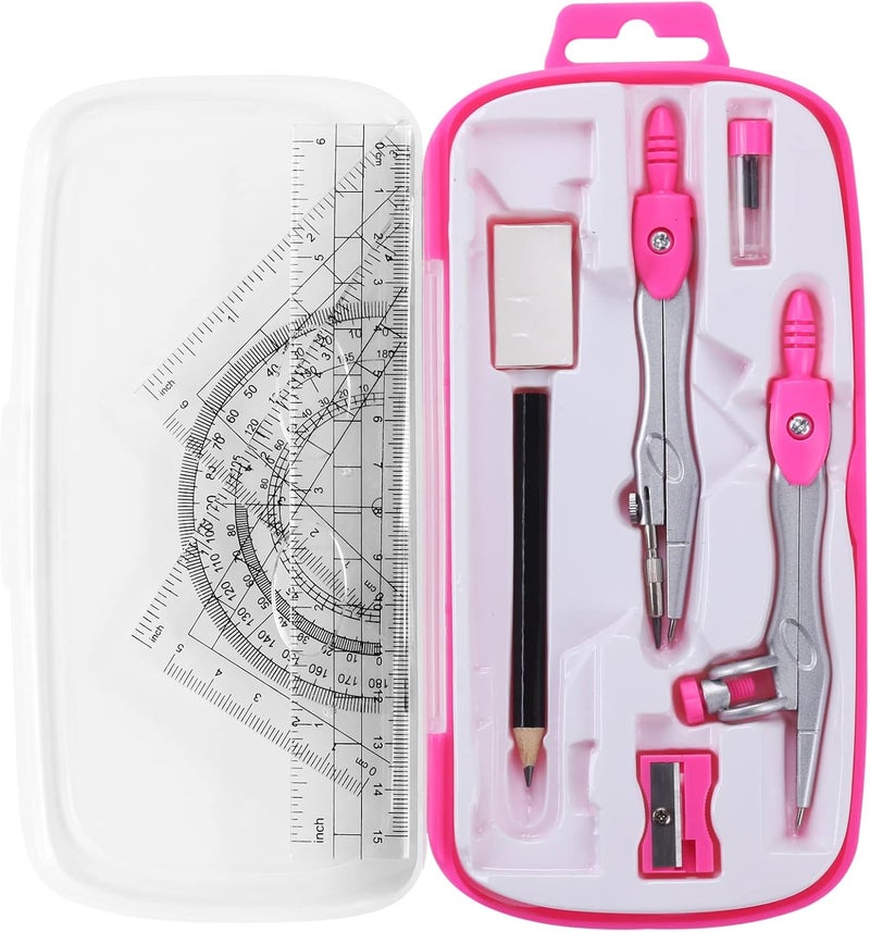 Unjoo Math Geometry Kit Sets 10 Piece Student Supplies with Shatterproof Storage Box,Includes Rulers,Protractor,Compass,Eraser,Pencil Sharpener,Lead Refills,Pencil,for Drafting and Drawings（Pink） - Image 1