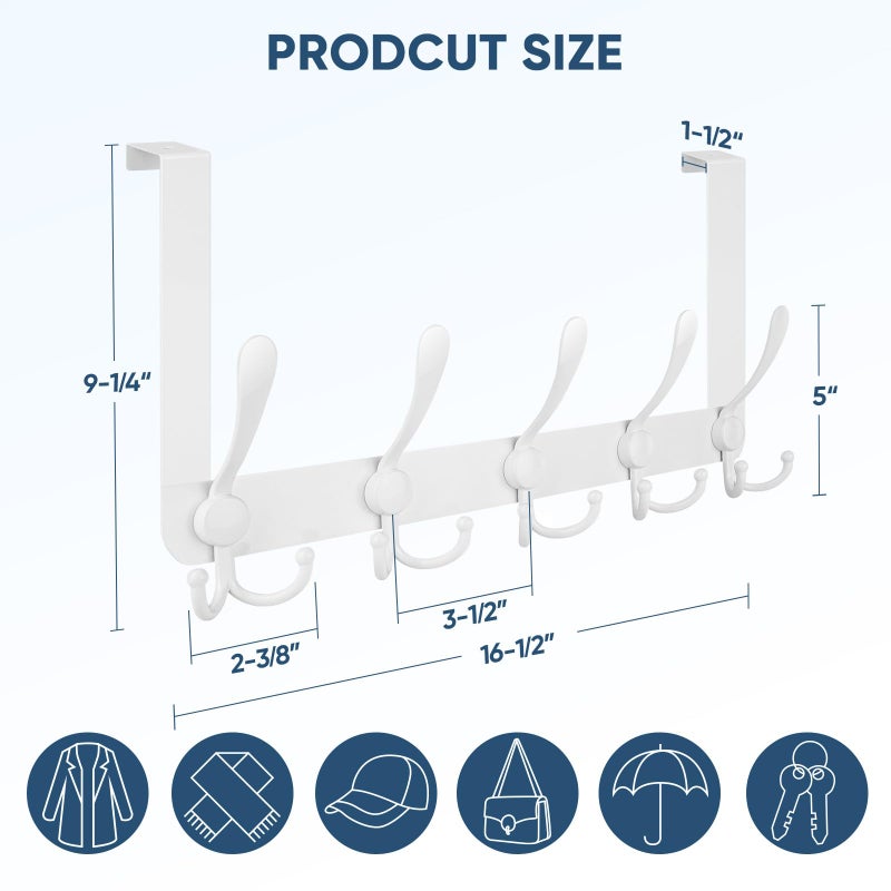 TICONN Over The Door Hooks, 5 Heavy Duty Tri Coat Rack All Metal Coat Hanger for Bathroom Bedroom Dorm (White, 1PK, Fit 1-3/8" Doors) - Image 2