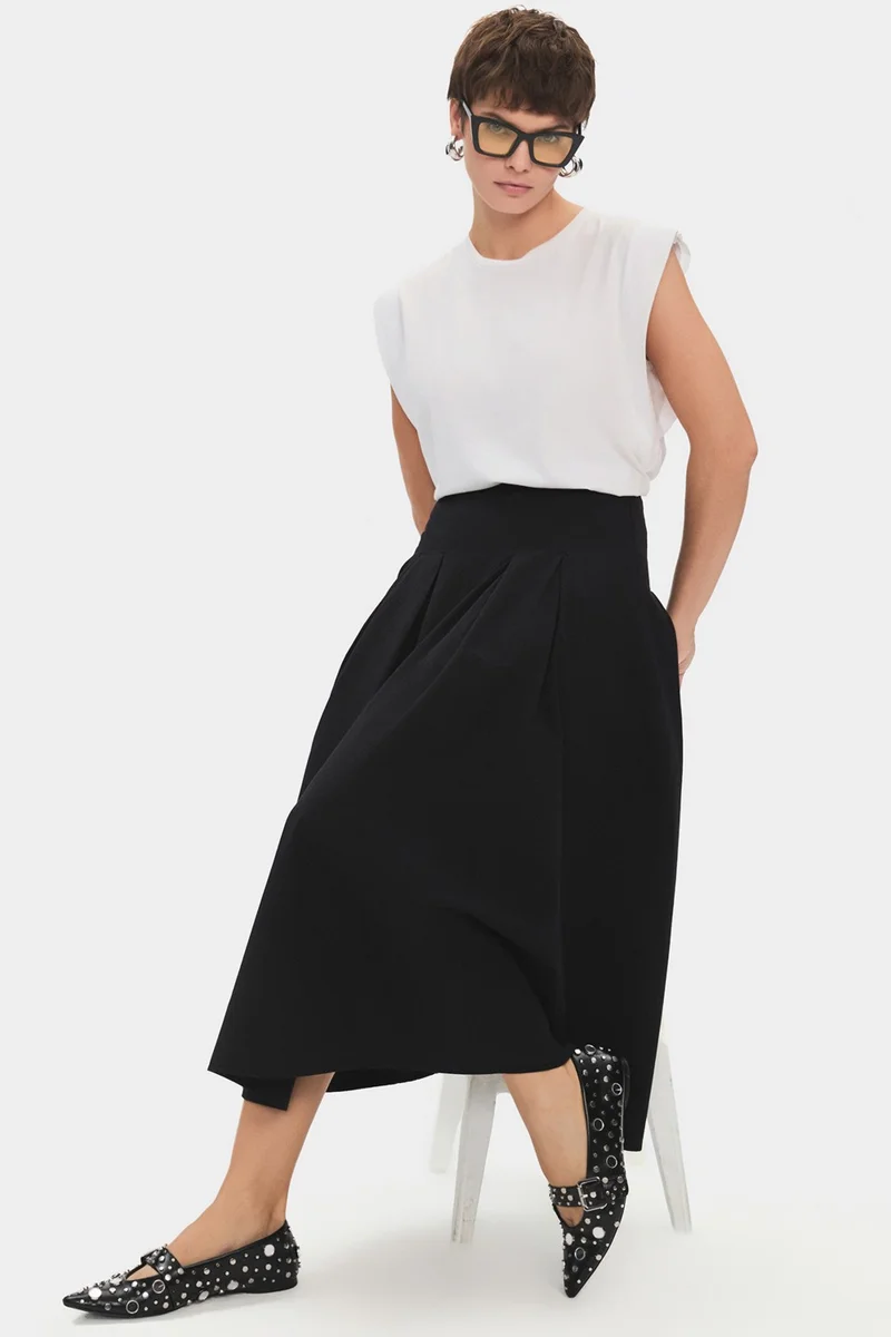 جون Women's 100% Cotton Pleated Midi Skirt
