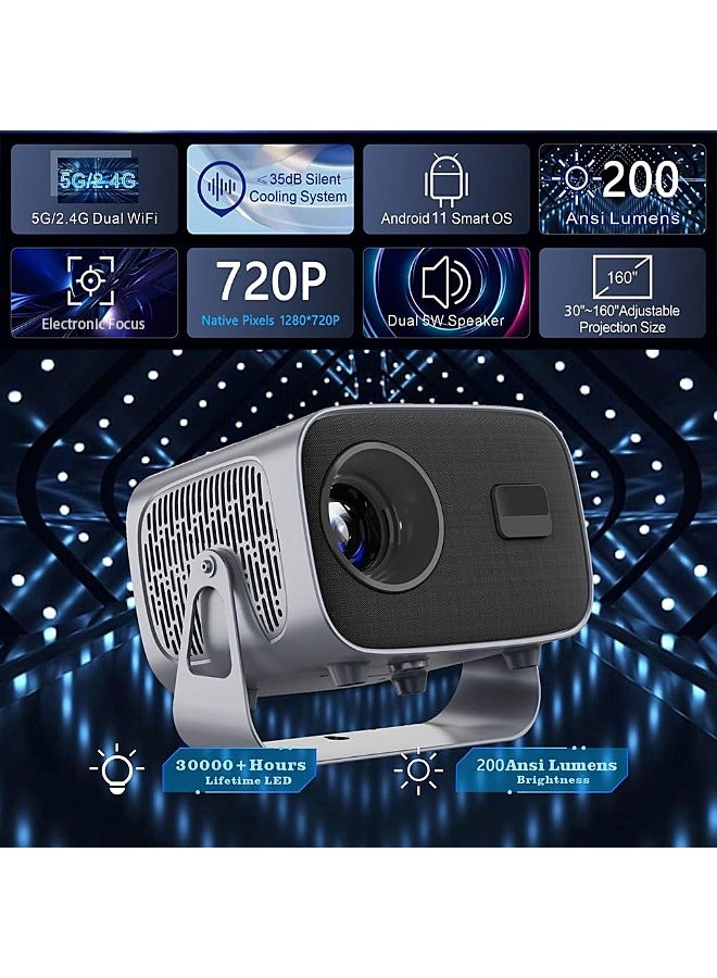 جهاز عرض LCD - يدعم 4K - يدعم 160 بوصة - جهاز عرض محمول مع جهاز تحكم عن بعد - واي فاي 5G وبلوتوث - التركيز الكهربائي - مسرح منزلي متنقل - جهاز عرض أفلام متوافق مع Android / iOS / Windows / TV Stick / PC