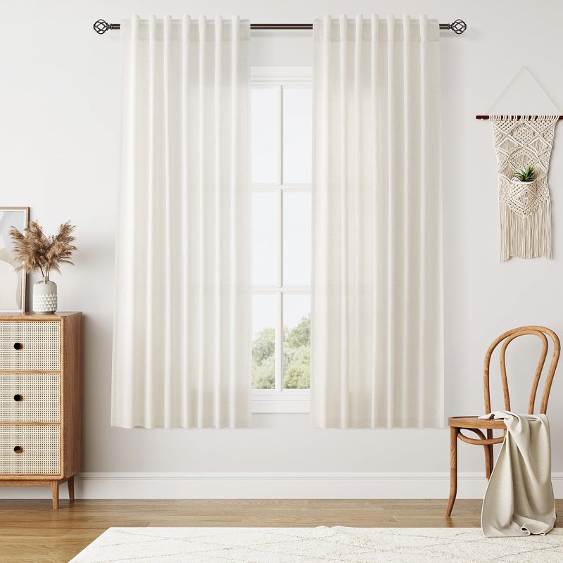 Nanspring Linen Curtains 63 Inches Long Short Curtain 2 Panels for Living Room Semi Sheer Back Tab Rod Pocket Light Filtering Privacy Soft Lightweight Drapes for Bedroom Natural Cream W50 x L63 - Image 1