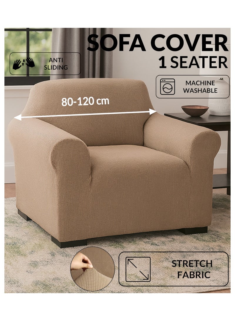 Fabienne Stretch Fit 1 Seater Sofa Cover Soft Brushed Fabric Couch Cover Exquisitely Full Coverage Furniture Protector Slipcover One Seater Fits on Standard and Recliner Sofa 80-120cm Size Sand Beige  - Image 1