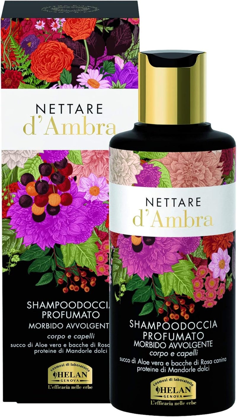 Helan Nettare dAmbra Gentle Shower Gel Shampoo with Aloe Vera Juice Sweet Almond Proteins Moisturising Emollient Action Scented Hair Body Wash with Rosehip Berries Made in Italy 200 ml