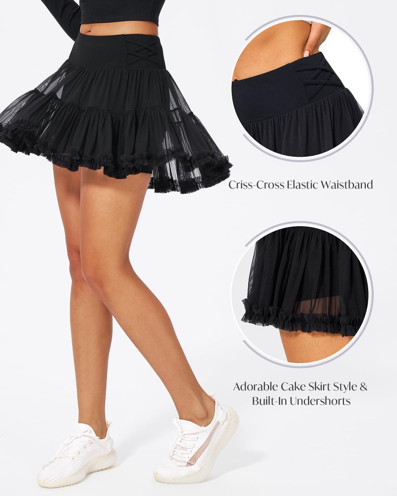 Stelle Women's High Waist Athletic Skorts with Shorts Pockets Ruffle Flowy Mini Cake Skirt Layered Pleated Cute Casual Summer (Black,S) - Image 5