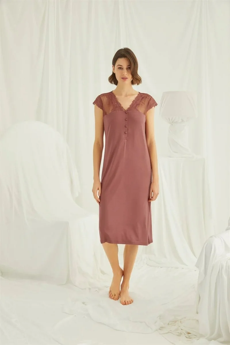 Monamise Women's Coffee Lace Buttoned Collar Nightgown 19313