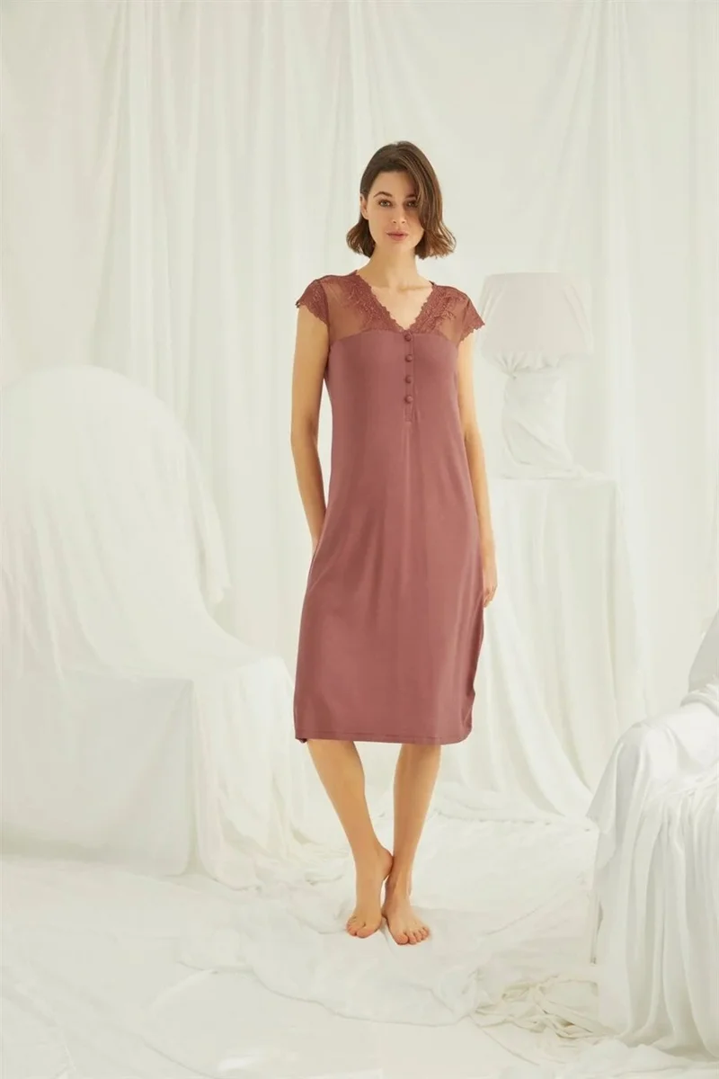 Monamise Women's Coffee Lace Buttoned Collar Nightgown 19313
