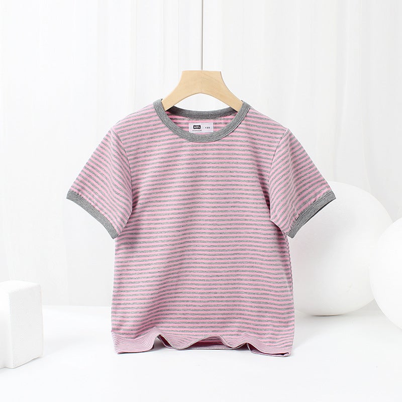 Summer Korean version of children's clothing new boys short sleeve small and medium-sized children striped round neck T shirt girls short sleeve T-shirt wholesale - Image 1