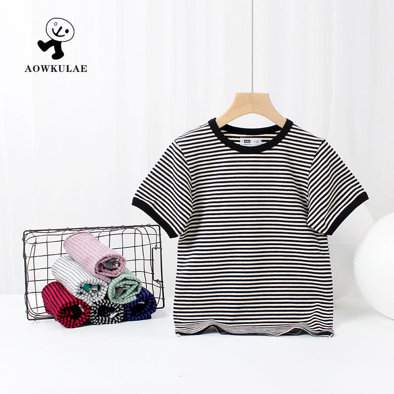 Summer Korean version of children's clothing new boys short sleeve small and medium-sized children striped round neck T shirt girls short sleeve T-shirt wholesale - Image 2