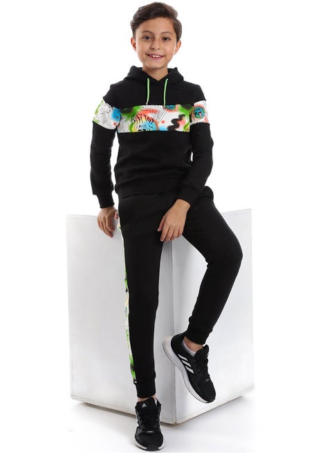 Black Patterned Sleeves Comfy Training Suit_Black