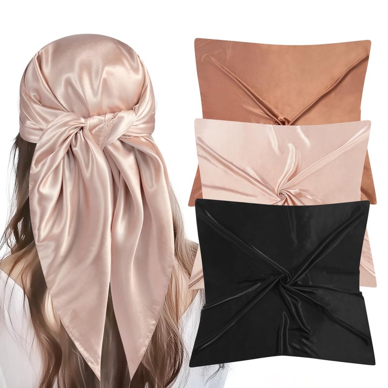 VBAEI 35â€ Large Square Satin Head Scarf - 3Pcs Silk Like Head Scarves Silk Bandana Satin Hair Scarf Head Wraps For Women(Brown,Camel,Black) - Image 1