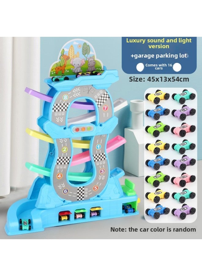 Children's Light Music Gliding Car Puzzle Digital Fun Inertia Sliding Track Toy-Color:Blue 6 Track 16 Car + Light Music Garage  - Image 1