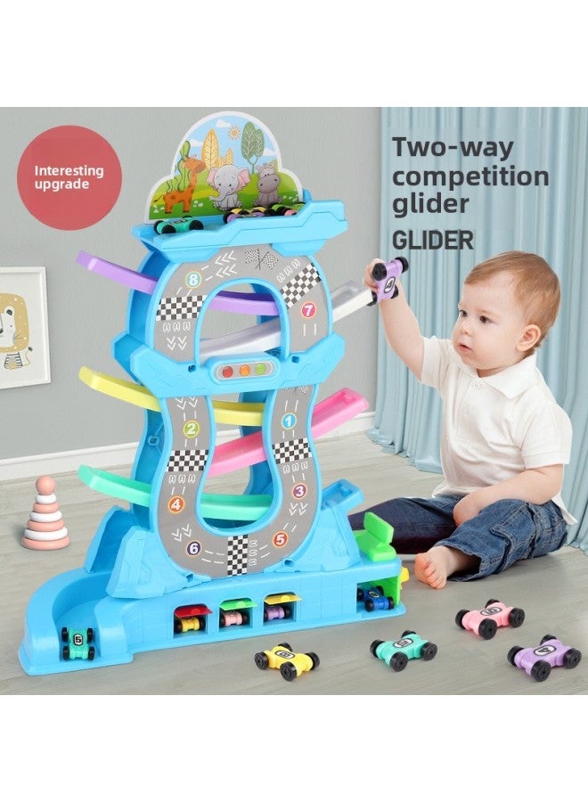 Children's Light Music Gliding Car Puzzle Digital Fun Inertia Sliding Track Toy-Color:Blue 6 Track 16 Car + Light Music Garage  - Image 2